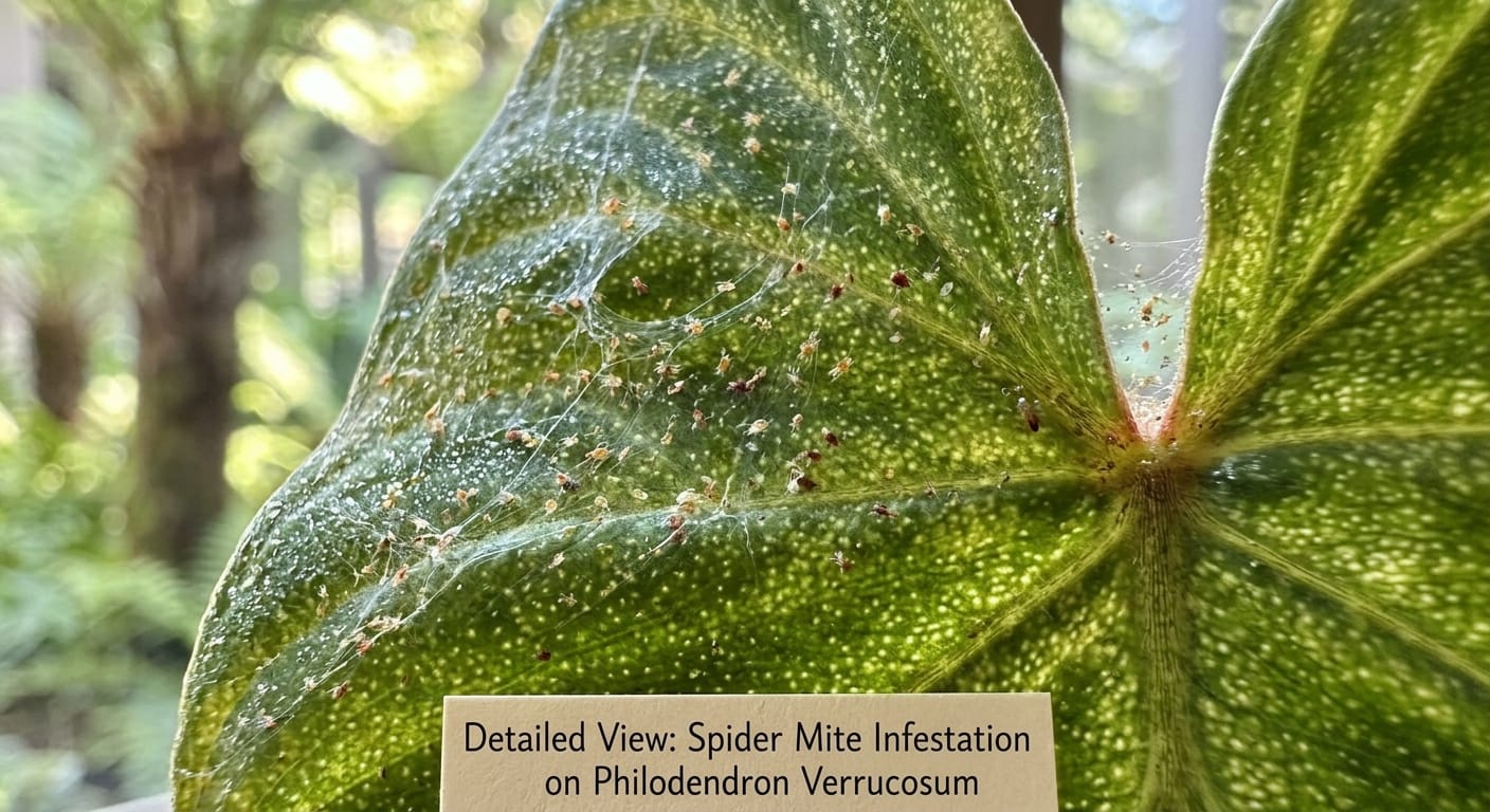 Close look of Spider Mites on Philodendron Verrucosum leave